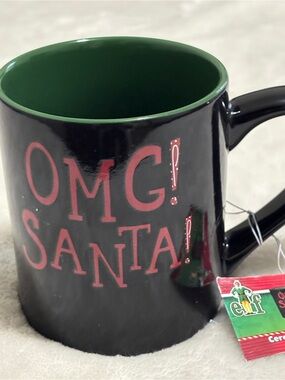 ELF Black Mug with Green Interior and Red OMG Santa Text